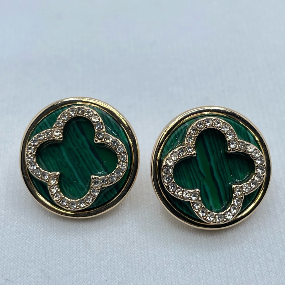 New Tahari Malachite Clover Stud Earrings Gold Crystal Halo Green Chic Modern